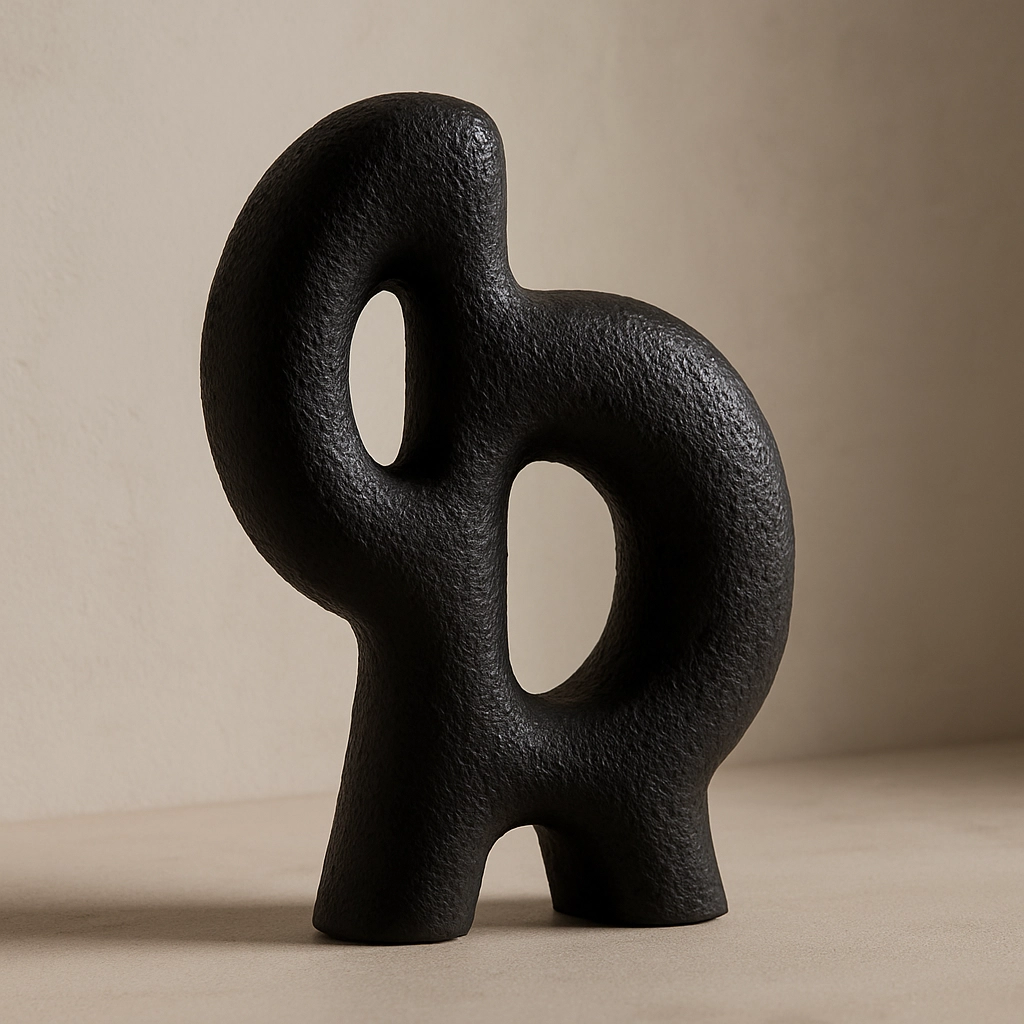 11 copy escultura abstracta negra de cerámica texturizada con dos huecos orgánicos