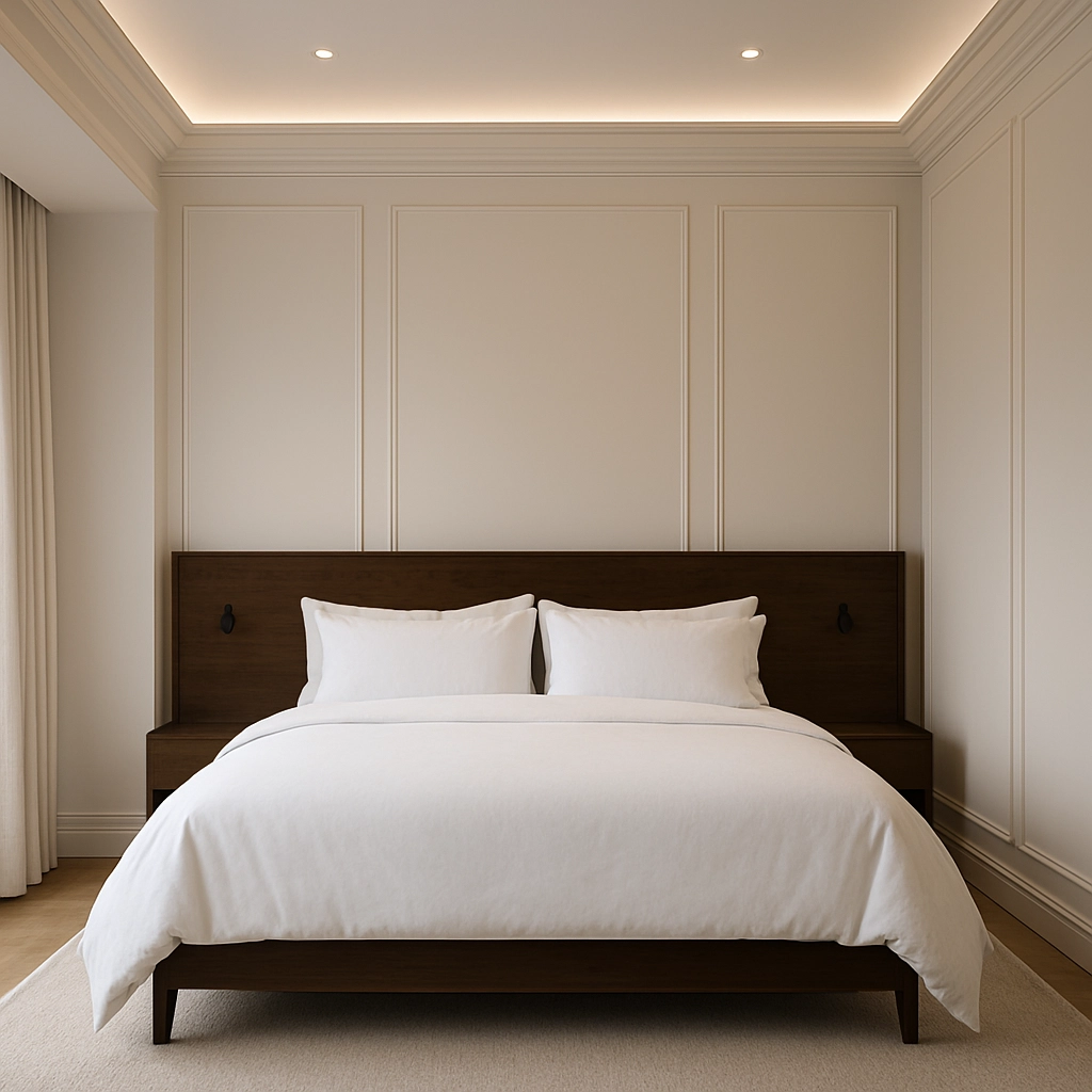 11 habitación minimalista con cama de madera oscura, ropa de cama blanca y cabecero sencillo contra pared con molduras