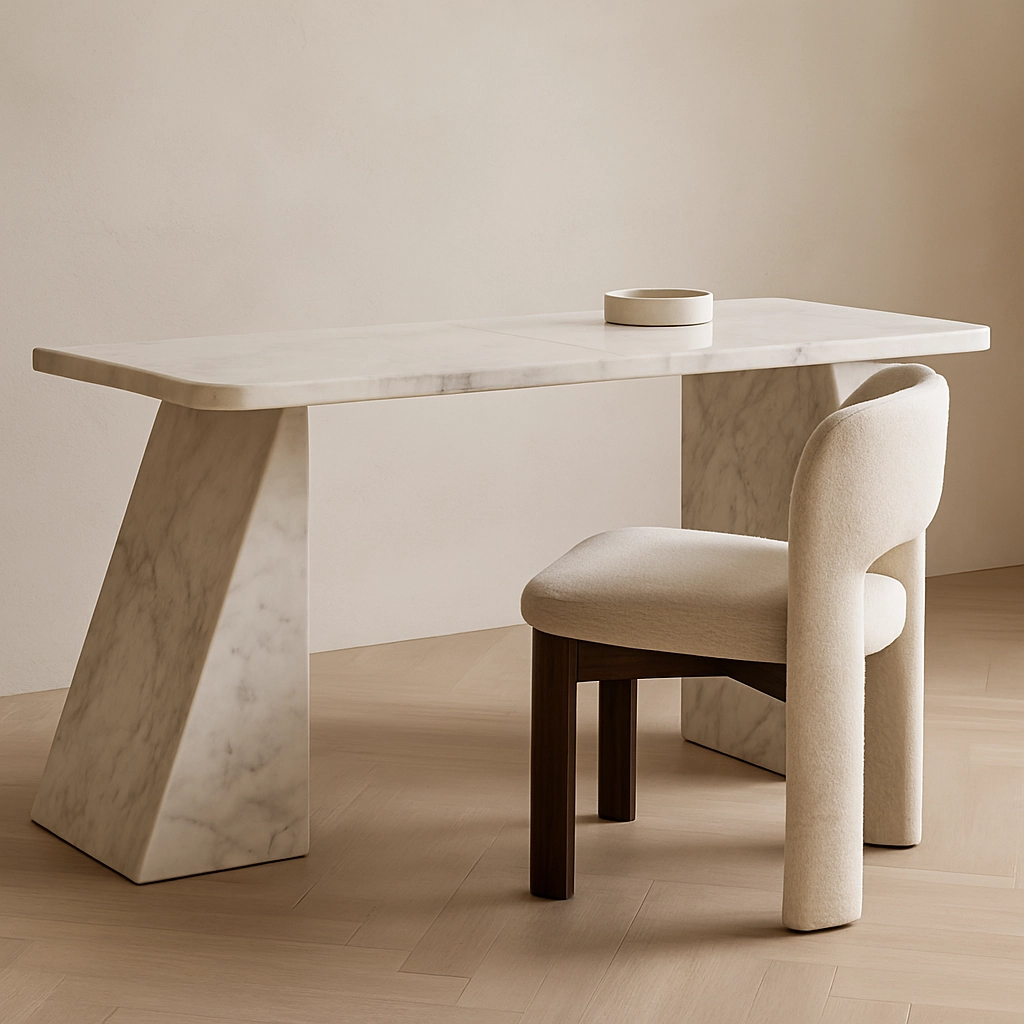 13 escritorio de mármol blanco con silla tapizada beige