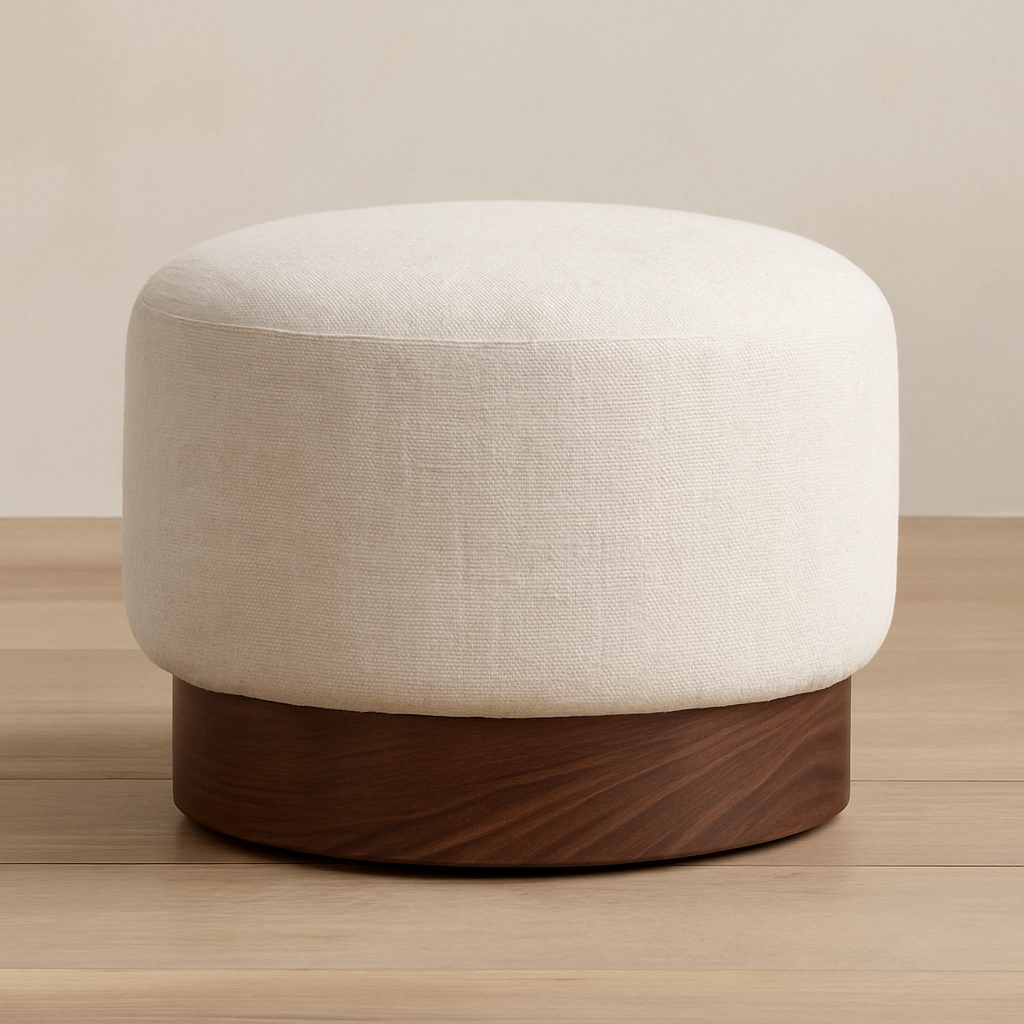 15 pouf redondo tapizado lino crudo base de nogal