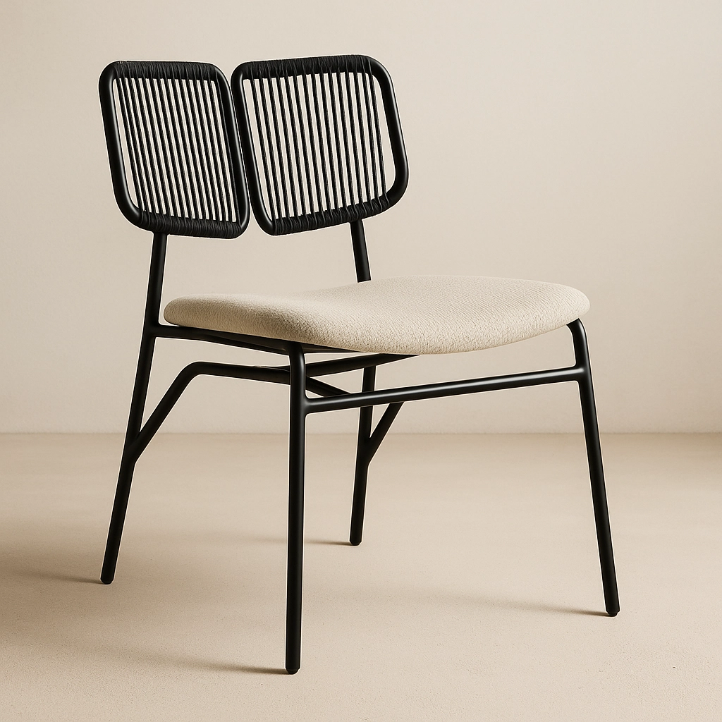 9 copy silla de comedor con respaldo de cordón negro y asiento beige
