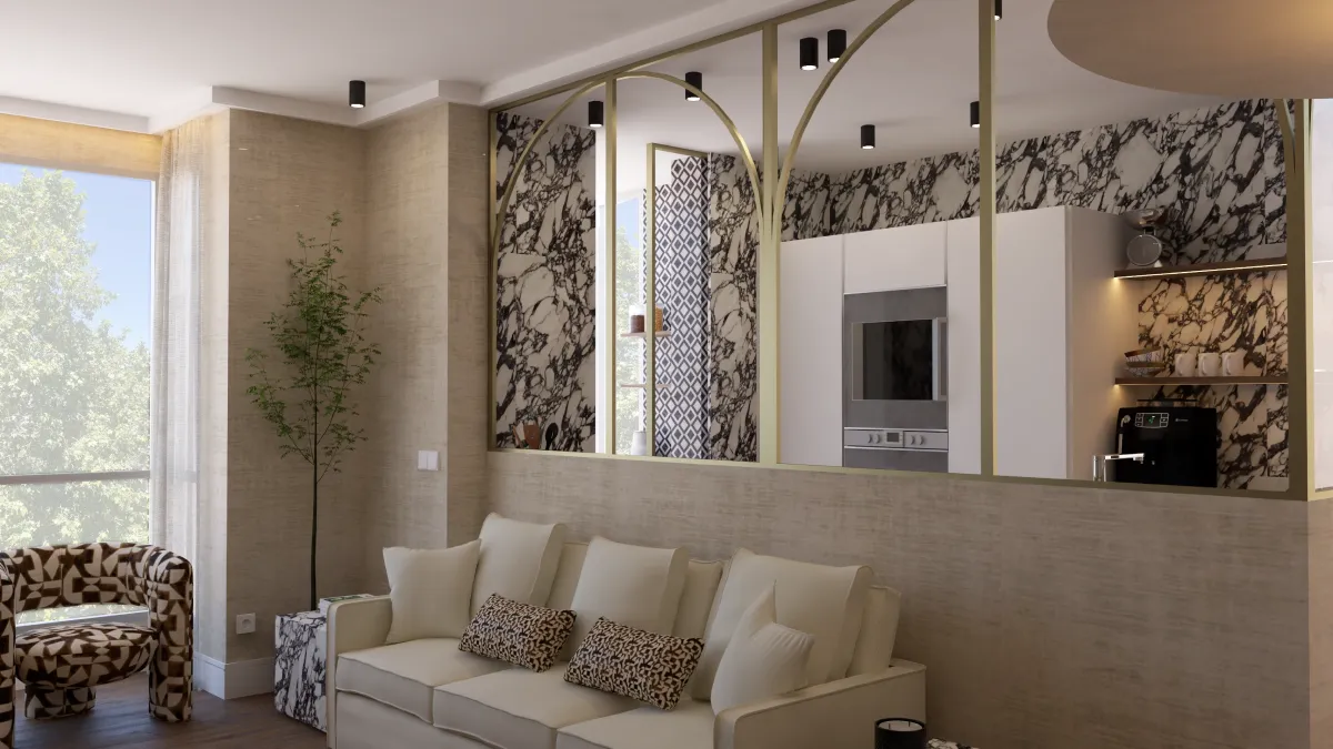 IMAGEN 1 copy (1) salón de BYE Interior con sofá crema, tabique acristalado de arcos dorados y cocina abierta revestida en mármol veteado negro
