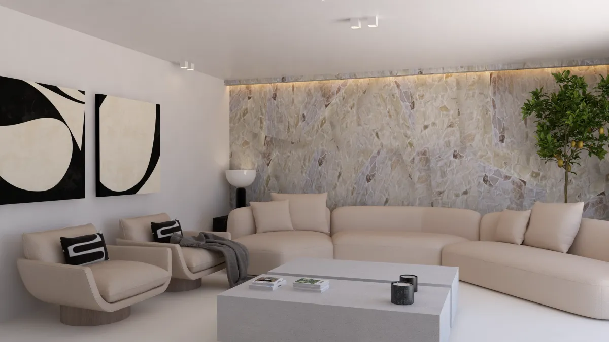 IMAGEN PRINCIPAL copy (1) salón contemporáneo diseñado por BYE Interior con sofá curvo beige, dos sillones a juego, pared de piedra natural retroiluminada y mesa de centro minimalista