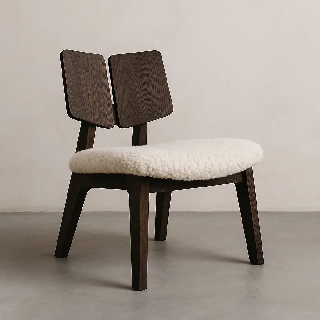 SILLA IMAGEN GRANDE silla de diseño contemporáneo en madera oscura con respaldo doble y asiento tapizado en borreguillo blanco sobre fondo neutro